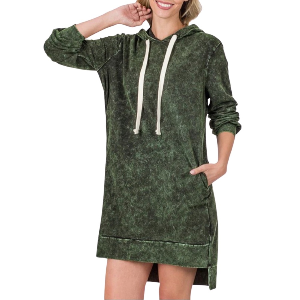 ZENANA • Green Acid Washed Hoodie Sweater Long Sleeve High-Low Dress w/ Pockets - Picture 1 of 7